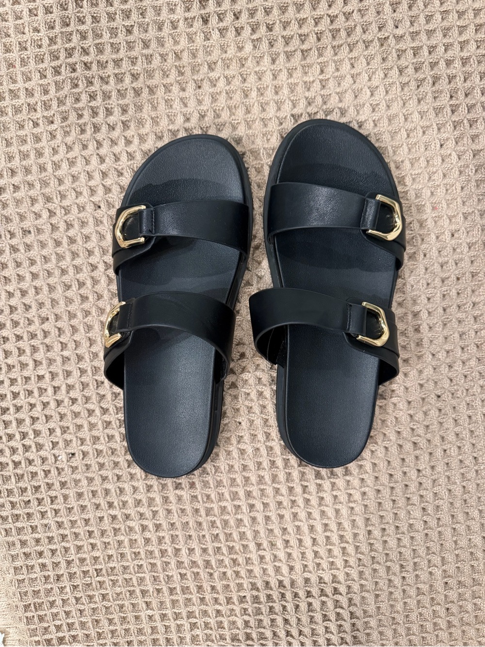 Abercrombie & Fitch Black Double-Strap Slide Sandals with Gold Buckles
